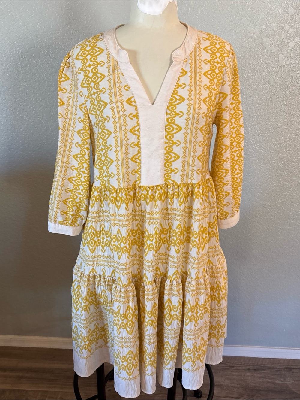 Yellow Patterned Tiered Midi Dress with V-Notch Neck - Picture 1 of 10